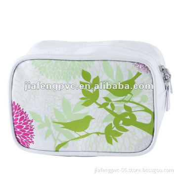 Elegant white PU cosmetic / make up bag with birds and leaves printing